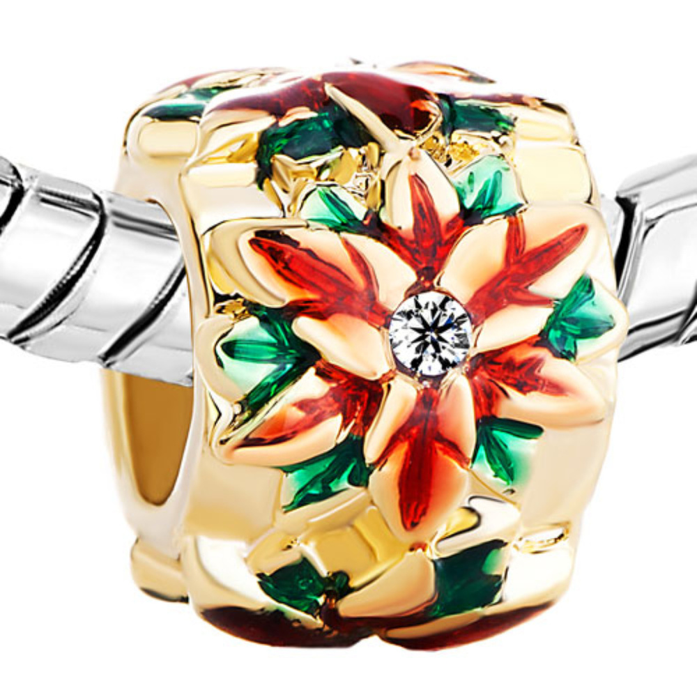 Pugster 18kt Gold Plated Christmas Poinsettia Bracelet Charm - Fits Pandora